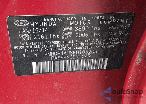 2014 Hyundai Elantra Se/Sport/Limited from USA, damaged, VIN KMHDH4AH8EU105208